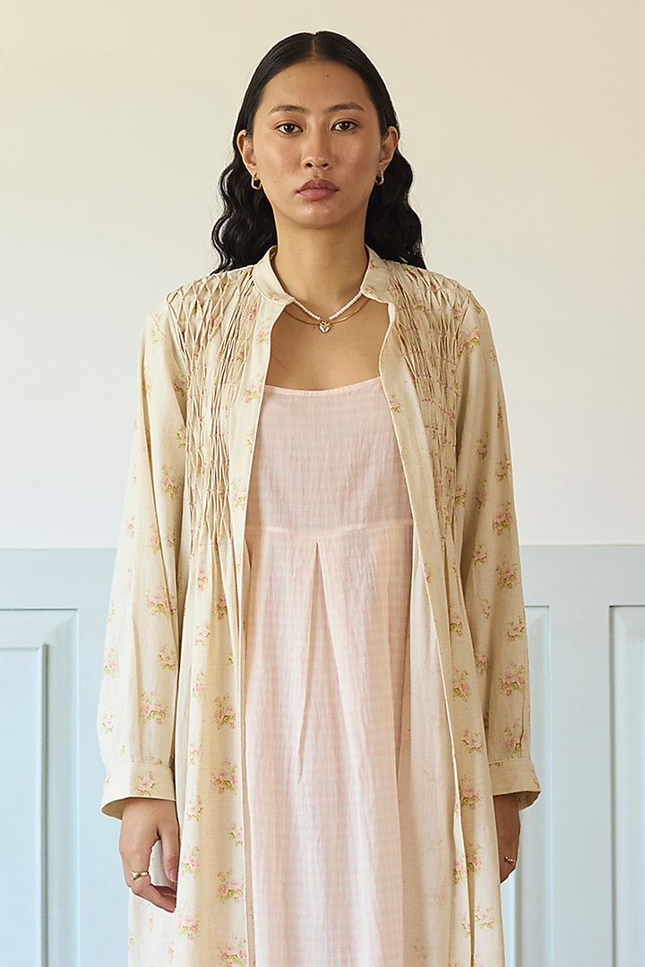 Pink & Ivory Cotton Pleated Jacket Vacation Dress by Khyati Rughani at Pernia's Pop Up Shop
