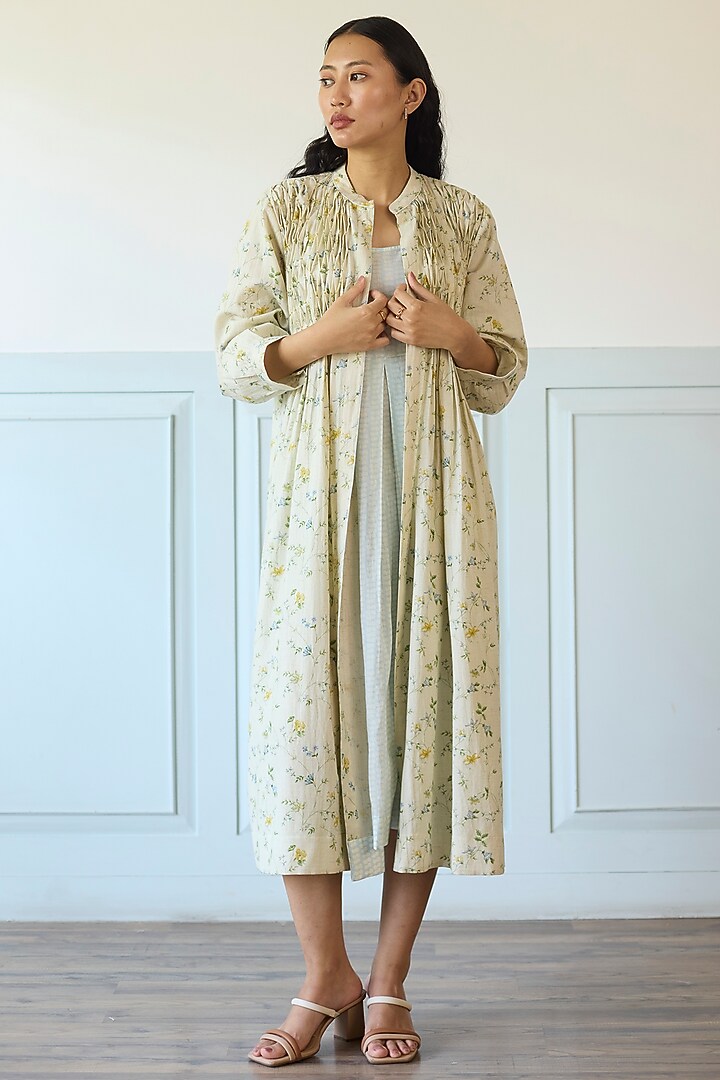 Light Blue Cotton Pleated Jacket Vacation Dress by Khyati Rughani at Pernia's Pop Up Shop