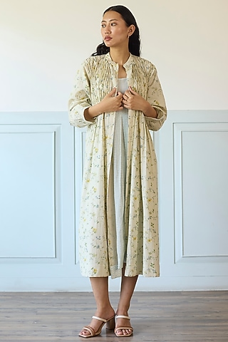 Light Blue Cotton Pleated Jacket Dress by Khyati Rughani