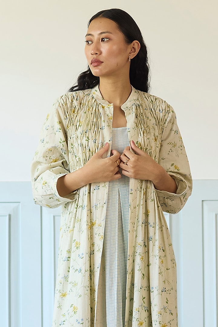 Light Blue Cotton Pleated Jacket Vacation Dress by Khyati Rughani at Pernia's Pop Up Shop
