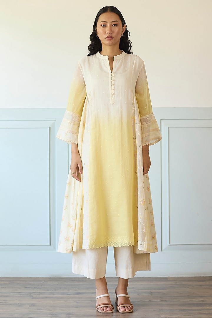 Yellow Ombre Cotton & Chanderi Silk Kurta Set by Khyati Rughani at Pernia's Pop Up Shop