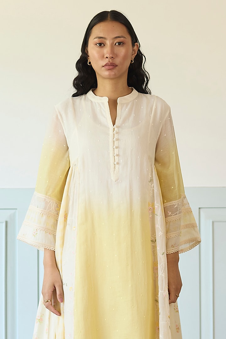 Yellow Ombre Cotton & Chanderi Silk Kurta Set by Khyati Rughani at Pernia's Pop Up Shop