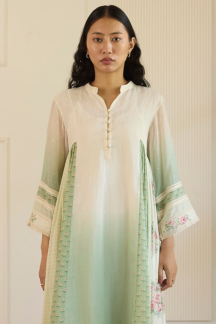 Green Ombre Cotton & Chanderi Silk Kurta Set by Khyati Rughani at Pernia's Pop Up Shop