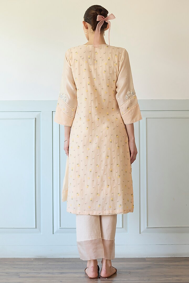 Peach Chanderi Silk Hand Embroidered Straight Kurta Set by Khyati Rughani at Pernia's Pop Up Shop