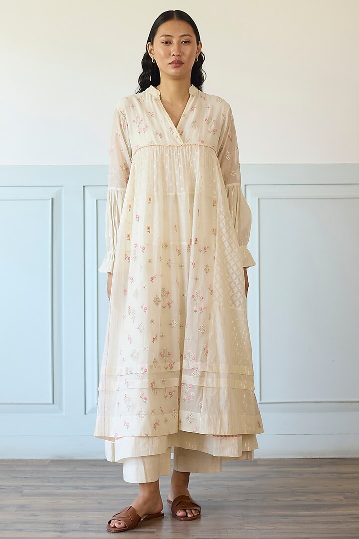 Ivory Chanderi Silk Panelled Tunic Dress by Khyati Rughani at Pernia's Pop Up Shop
