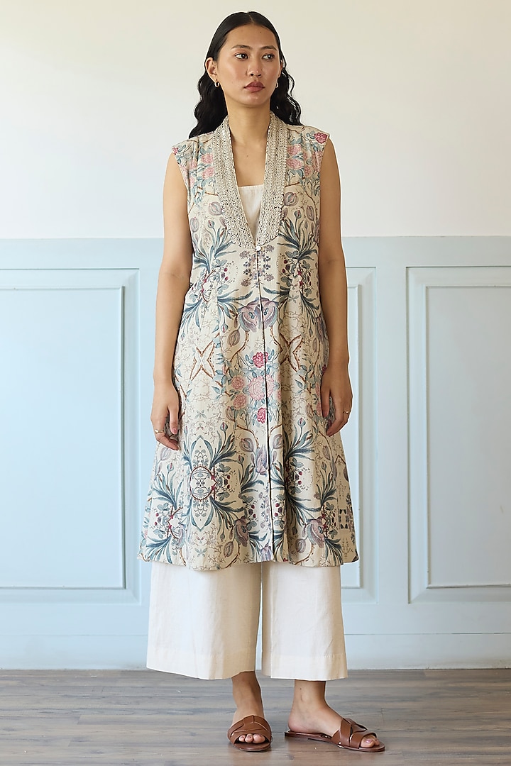 Ivory Cotton Mirror Embroidered Overlay Jacket Set by Khyati Rughani at Pernia's Pop Up Shop