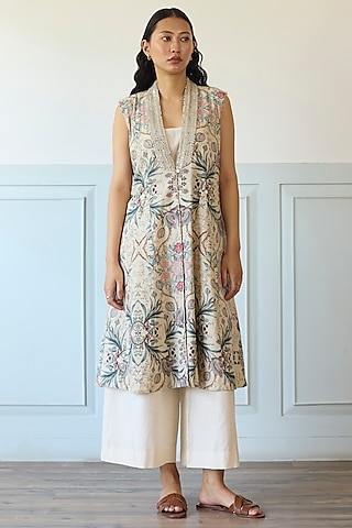 Ivory Cotton Mirror Embroidered Overlay Jacket Set by Khyati Rughani