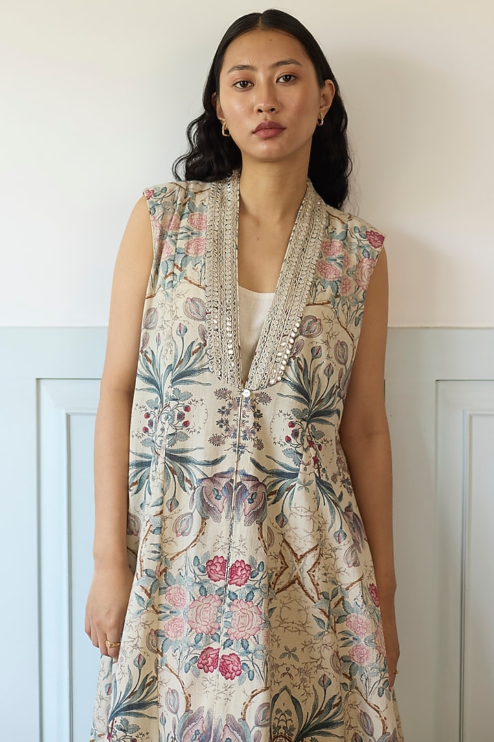 Ivory Cotton Mirror Embroidered Overlay Jacket Set by Khyati Rughani at Pernia's Pop Up Shop