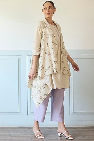 White Cotton Short Kurta Set by Khyati Rughani