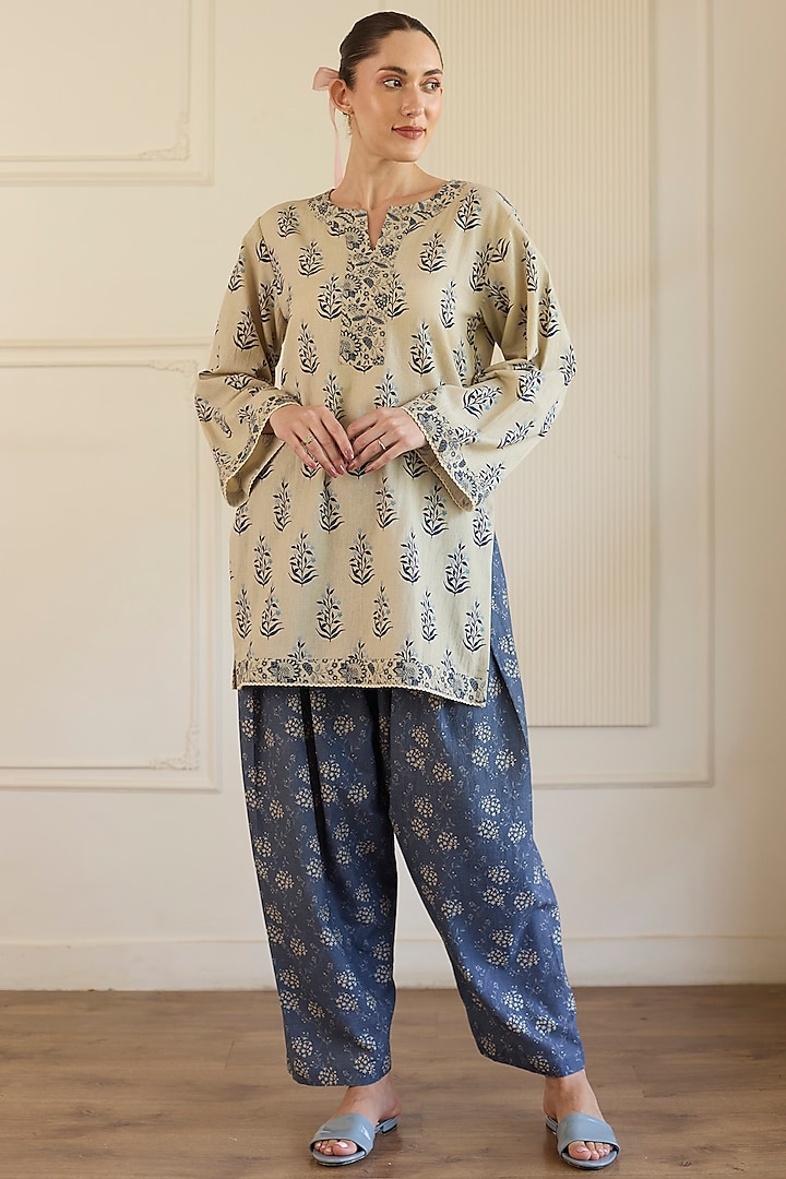 Beige & Blue Cotton Short Kurta Set by Khyati Rughani at Pernia's Pop Up Shop