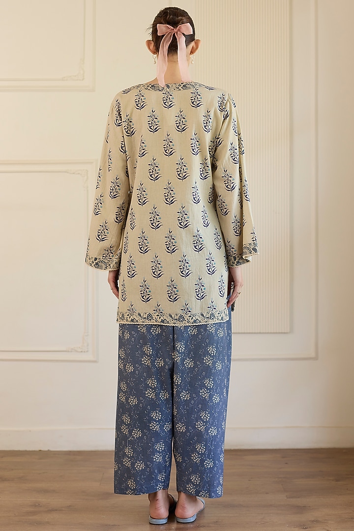 Beige & Blue Cotton Short Kurta Set by Khyati Rughani at Pernia's Pop Up Shop