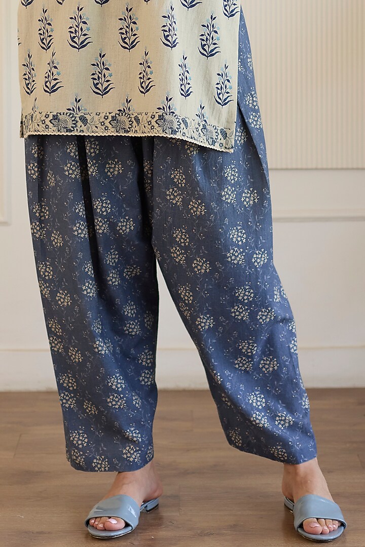 Beige & Blue Cotton Short Kurta Set by Khyati Rughani at Pernia's Pop Up Shop