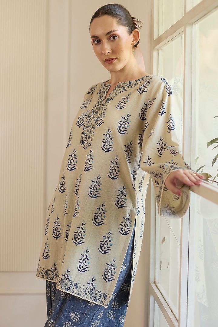 Beige & Blue Cotton Short Kurta Set by Khyati Rughani at Pernia's Pop Up Shop