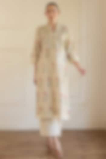 Beige Cotton Mirror Embroidered Straight Kurta Set by Khyati Rughani at Pernia's Pop Up Shop