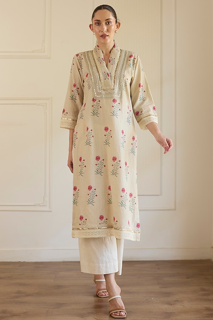 Beige Cotton Mirror Embroidered Straight Kurta Set by Khyati Rughani at Pernia's Pop Up Shop