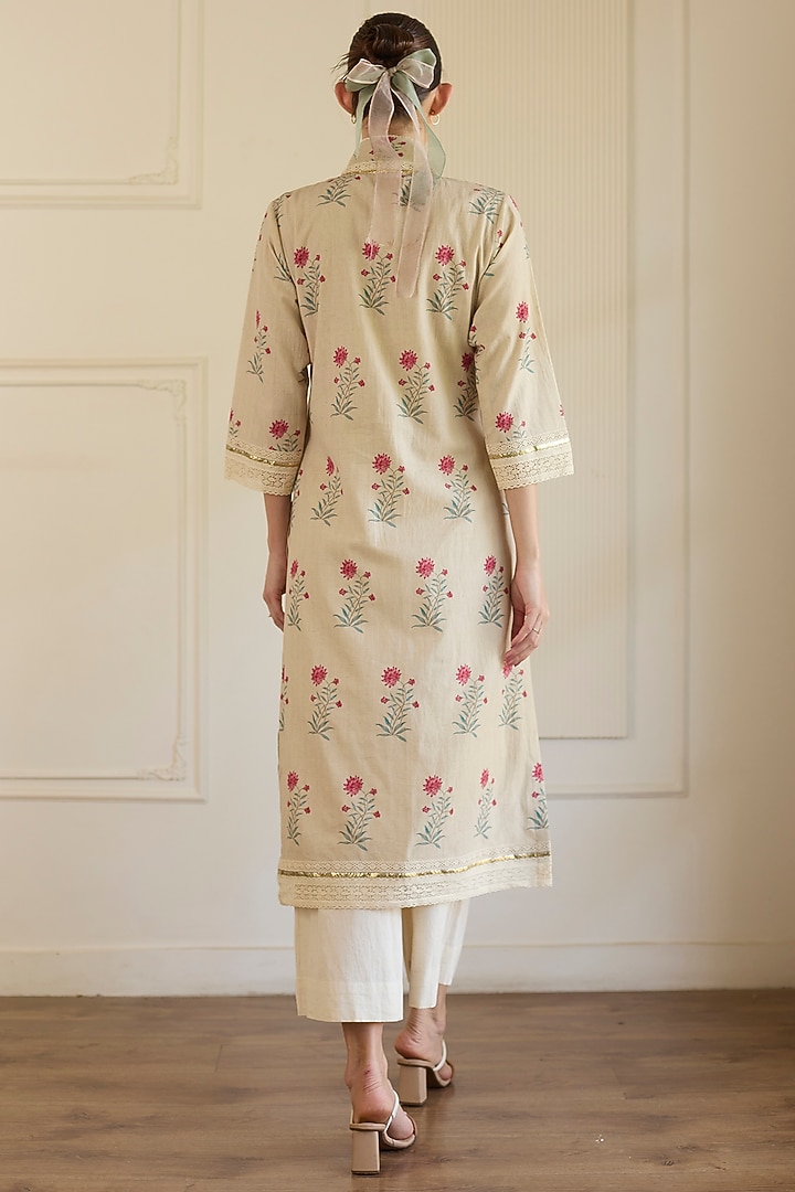 Beige Cotton Mirror Embroidered Straight Kurta Set by Khyati Rughani at Pernia's Pop Up Shop