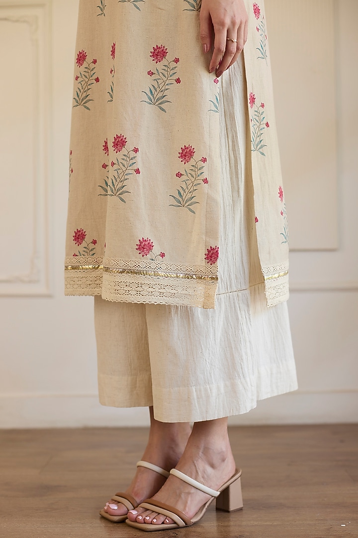 Beige Cotton Mirror Embroidered Straight Kurta Set by Khyati Rughani at Pernia's Pop Up Shop