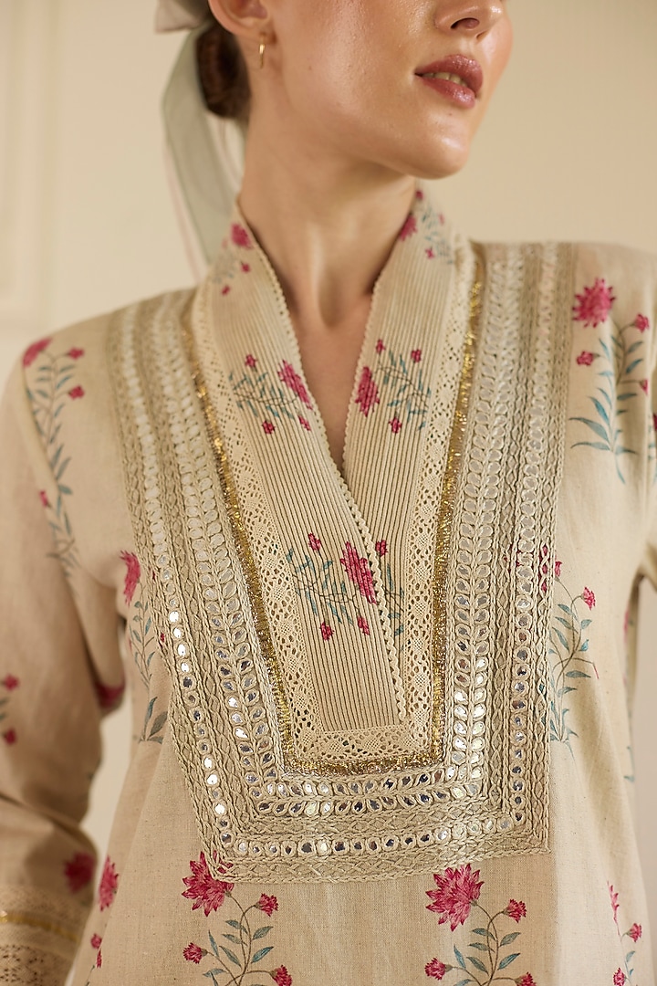 Beige Cotton Mirror Embroidered Straight Kurta Set by Khyati Rughani at Pernia's Pop Up Shop