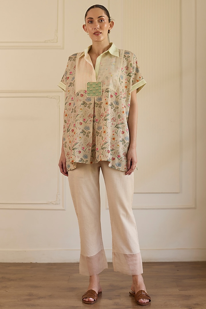 Beige Cotton Patchwork Co-Ord Set by Khyati Rughani at Pernia's Pop Up Shop