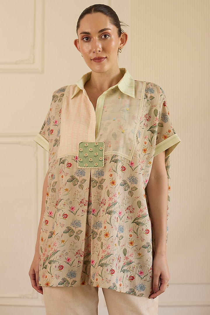 Beige Cotton Patchwork Co-Ord Set by Khyati Rughani at Pernia's Pop Up Shop