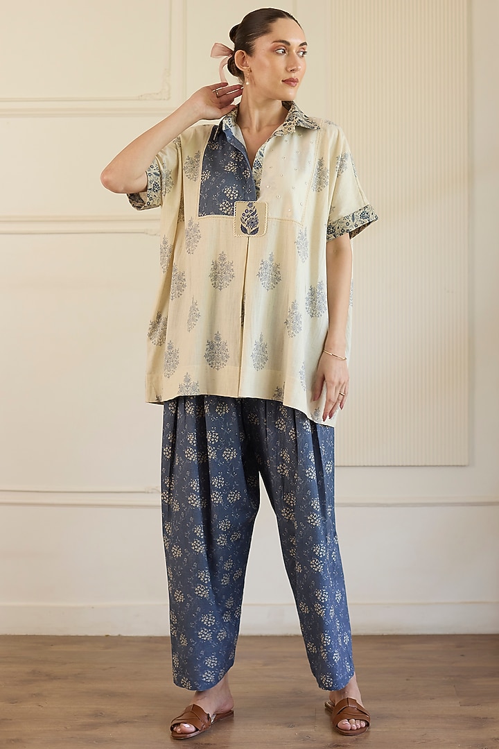 White & Blue Cotton Patchwork Co-Ord Set by Khyati Rughani at Pernia's Pop Up Shop