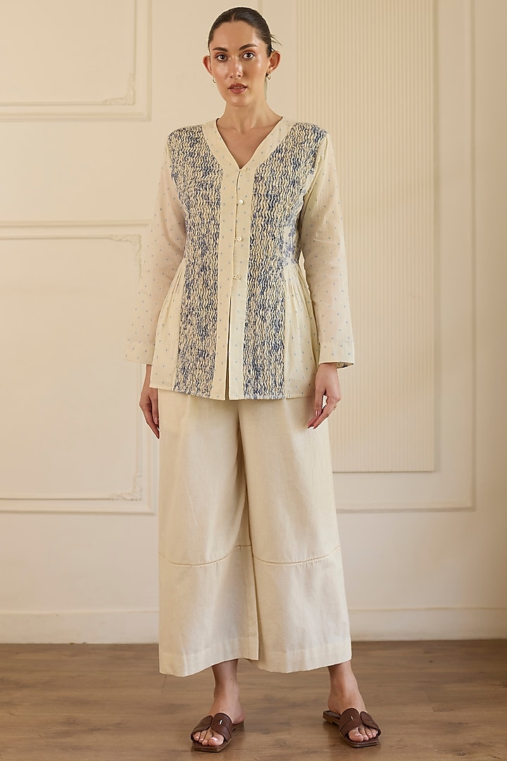 White & Blue Cotton Pintucks Co-Ord Set by Khyati Rughani at Pernia's Pop Up Shop