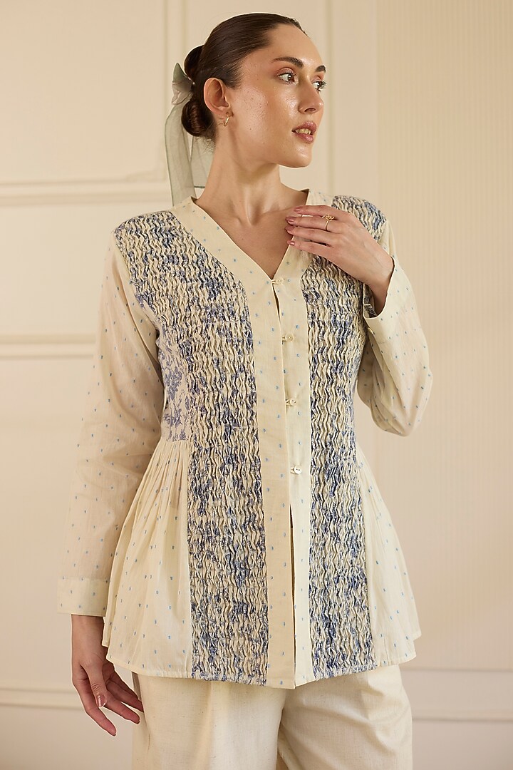 White & Blue Cotton Pintucks Co-Ord Set by Khyati Rughani at Pernia's Pop Up Shop