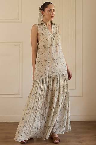 Beige Cotton Flowy Maxi Dress by Khyati Rughani