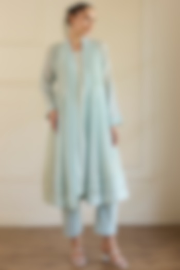 Blue Cotton Overlay Jacket Set by Khyati Rughani at Pernia's Pop Up Shop