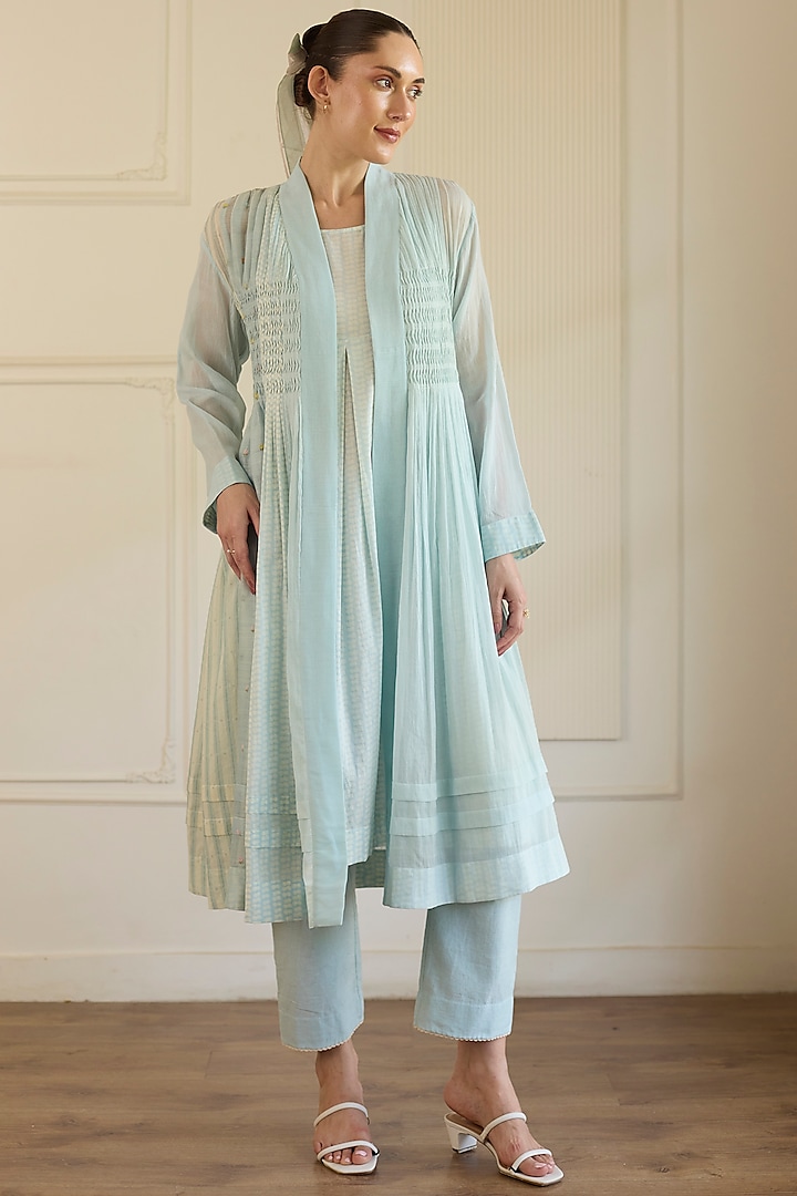 Blue Cotton Overlay Jacket Set by Khyati Rughani at Pernia's Pop Up Shop