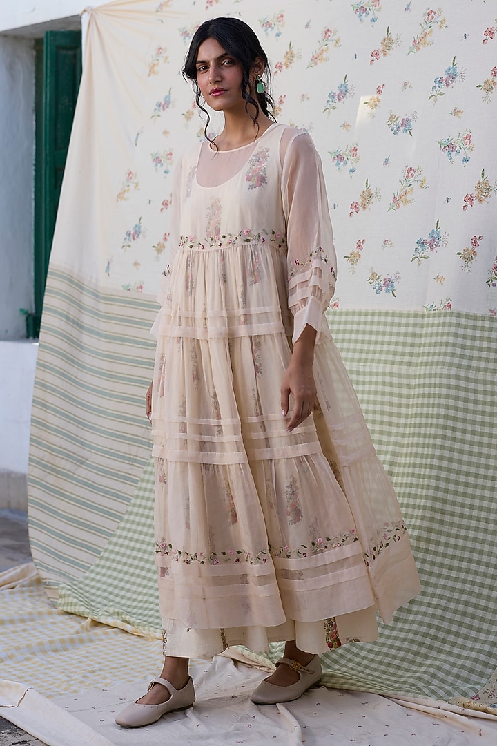 Ecru & Red Silk Embroidered Pleated Maxi Vacation Dress by Khyati Rughani at Pernia's Pop Up Shop