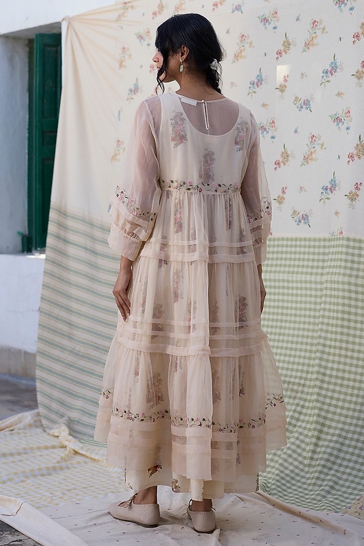 Ecru & Red Silk Embroidered Pleated Maxi Vacation Dress by Khyati Rughani at Pernia's Pop Up Shop