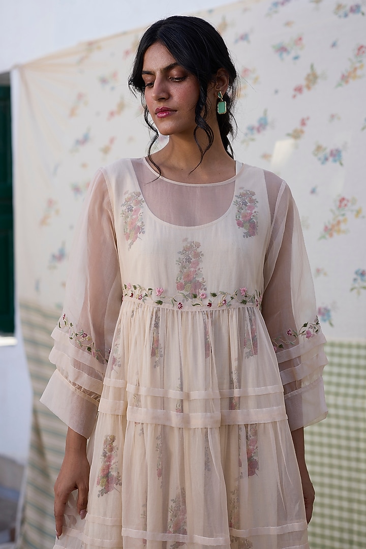 Ecru & Red Silk Embroidered Pleated Maxi Vacation Dress by Khyati Rughani at Pernia's Pop Up Shop