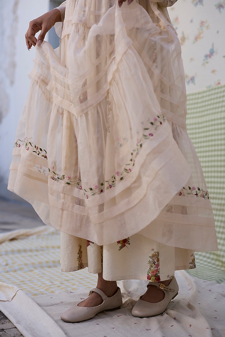 Ecru & Red Silk Embroidered Pleated Maxi Vacation Dress by Khyati Rughani at Pernia's Pop Up Shop