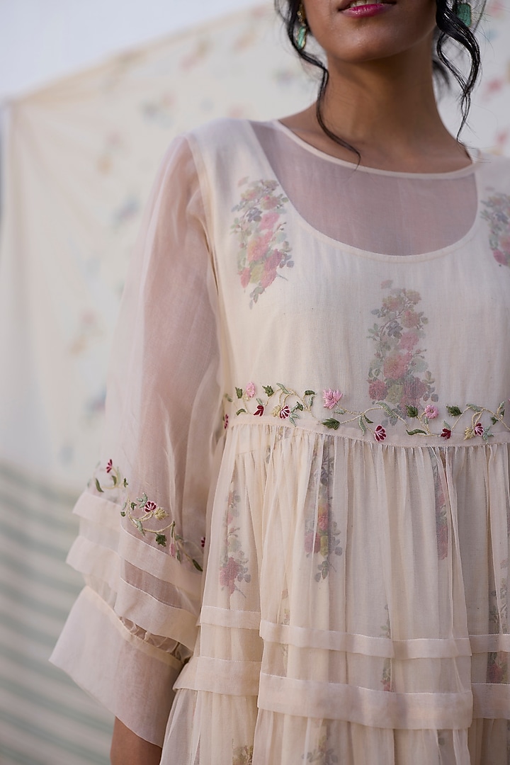 Ecru & Red Silk Embroidered Pleated Maxi Vacation Dress by Khyati Rughani at Pernia's Pop Up Shop