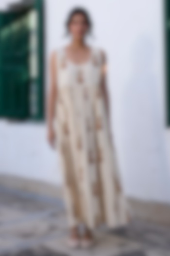 Ecru & Red Khadi Floral Printed Maxi Summer Dress by Khyati Rughani at Pernia's Pop Up Shop