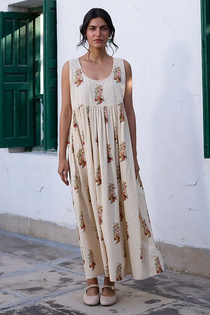 Ecru & Red Khadi Floral Printed Maxi Summer Dress by Khyati Rughani at Pernia's Pop Up Shop