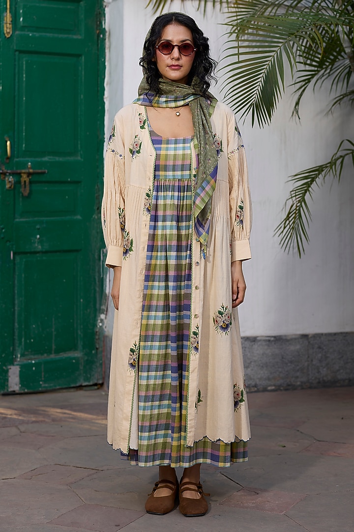 Ecru & Green Khadi Embroidered Maxi Vacation Dress by Khyati Rughani at Pernia's Pop Up Shop