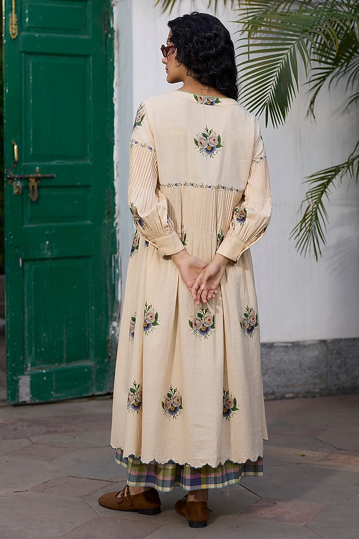 Ecru & Green Khadi Embroidered Maxi Vacation Dress by Khyati Rughani at Pernia's Pop Up Shop