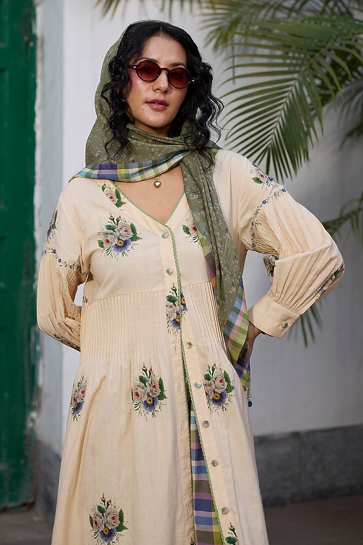 Ecru & Green Khadi Embroidered Maxi Vacation Dress by Khyati Rughani at Pernia's Pop Up Shop