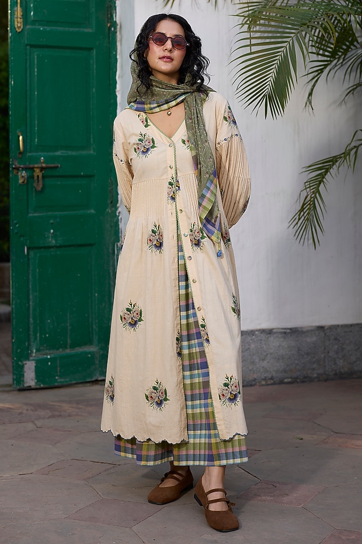 Ecru & Green Khadi Embroidered Maxi Vacation Dress by Khyati Rughani at Pernia's Pop Up Shop