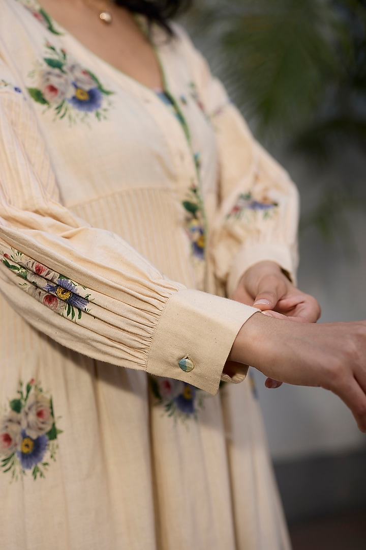 Ecru & Green Khadi Embroidered Maxi Vacation Dress by Khyati Rughani at Pernia's Pop Up Shop