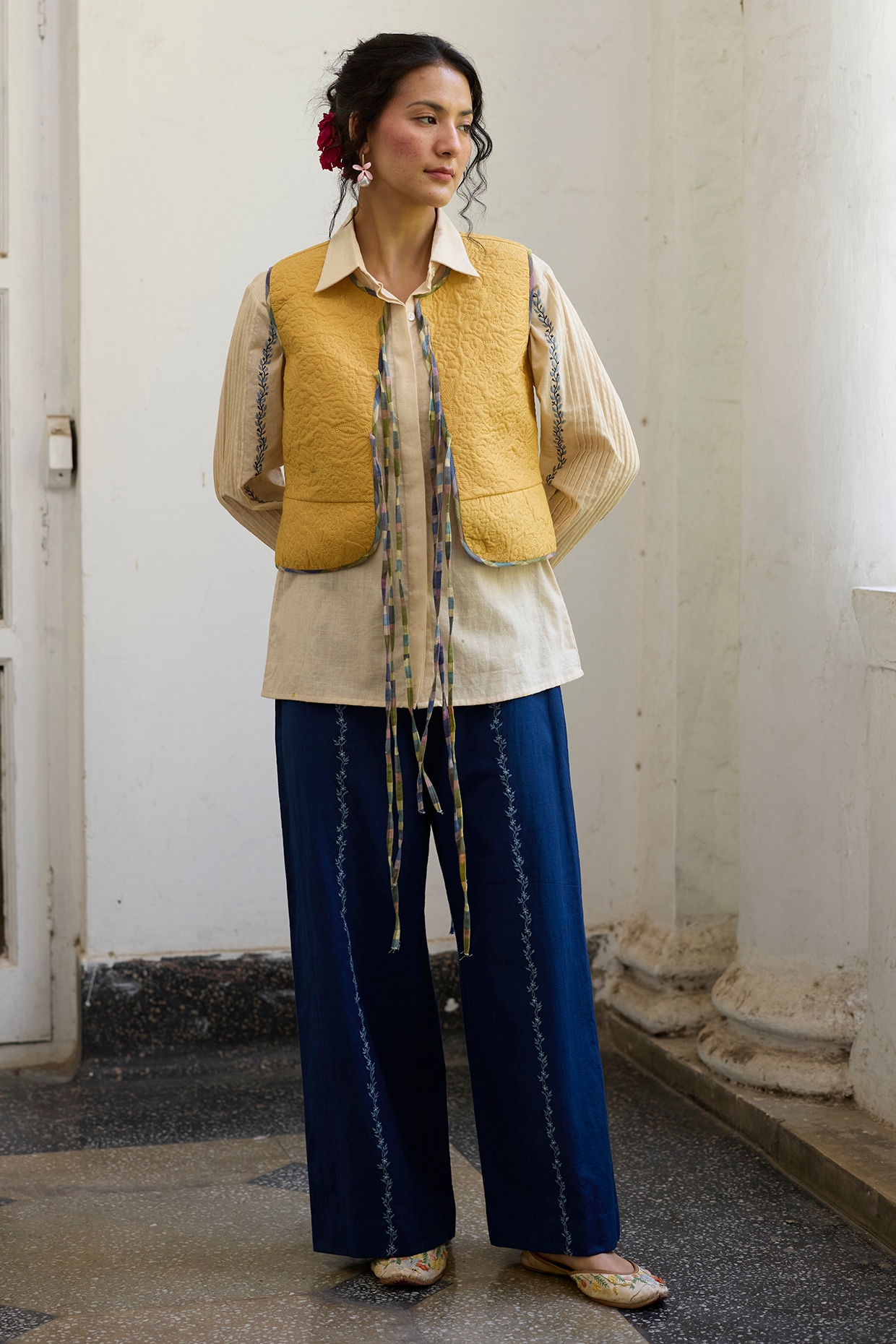 Khyati Rughani Yellow Khadi Floral Gilet