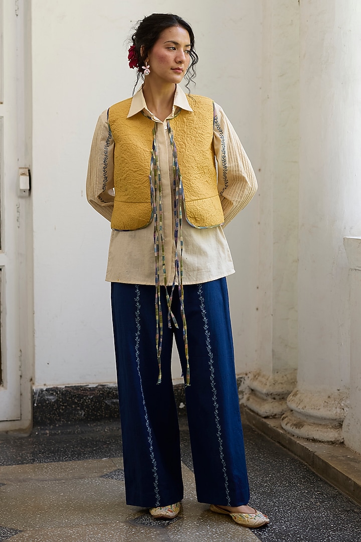 Yellow Khadi Floral Gilet by Khyati Rughani at Pernia's Pop Up Shop