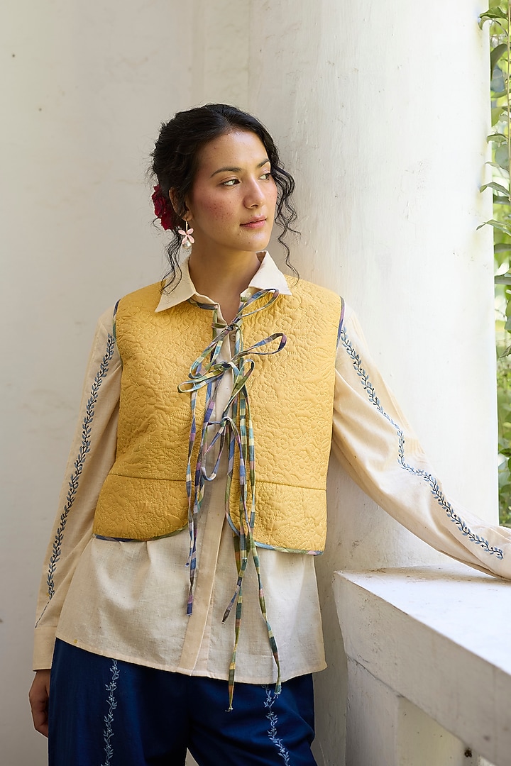 Yellow Khadi Floral Gilet by Khyati Rughani at Pernia's Pop Up Shop