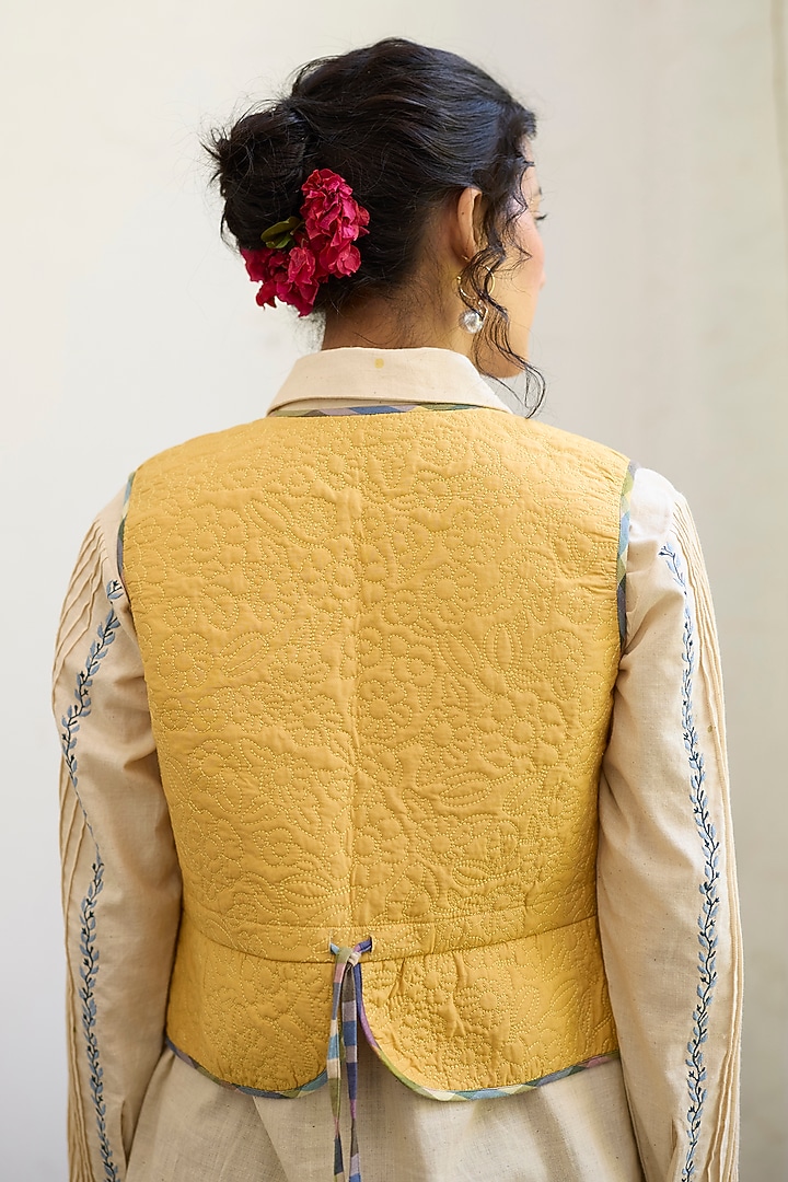 Yellow Khadi Floral Gilet by Khyati Rughani at Pernia's Pop Up Shop