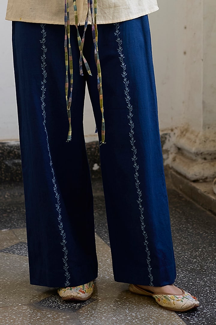 Blue Khadi Straight Pants by Khyati Rughani at Pernia's Pop Up Shop