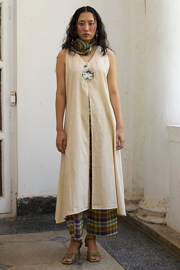 Ecru & Purple Khadi Embroidered Sleeveless Kurta by Khyati Rughani at Pernia's Pop Up Shop