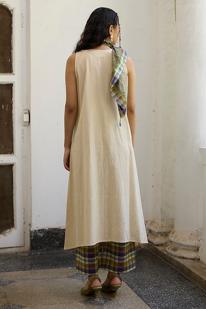 Ecru & Purple Khadi Embroidered Sleeveless Kurta by Khyati Rughani at Pernia's Pop Up Shop