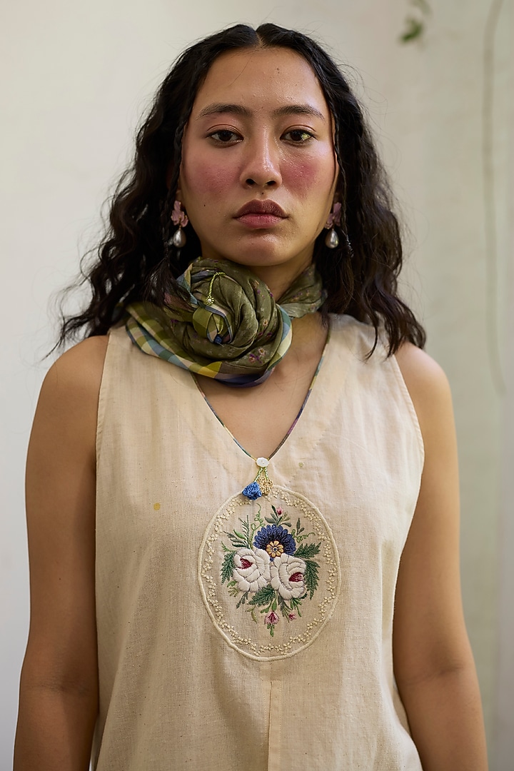 Ecru & Purple Khadi Embroidered Sleeveless Kurta by Khyati Rughani at Pernia's Pop Up Shop